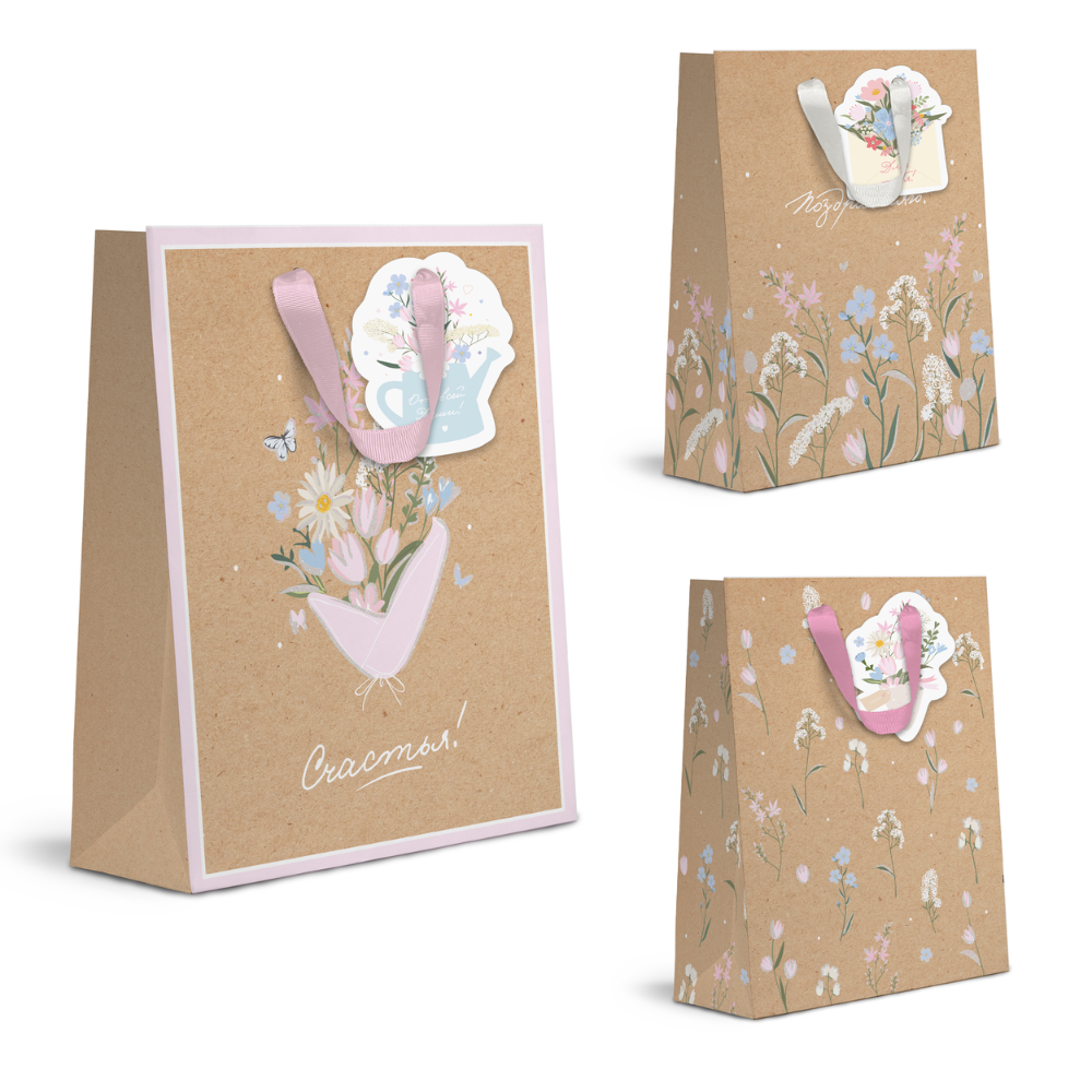 Пакет бумажный подарочный "Spring Flowers", 26.5х32х12.5 см, крафт, ассорти