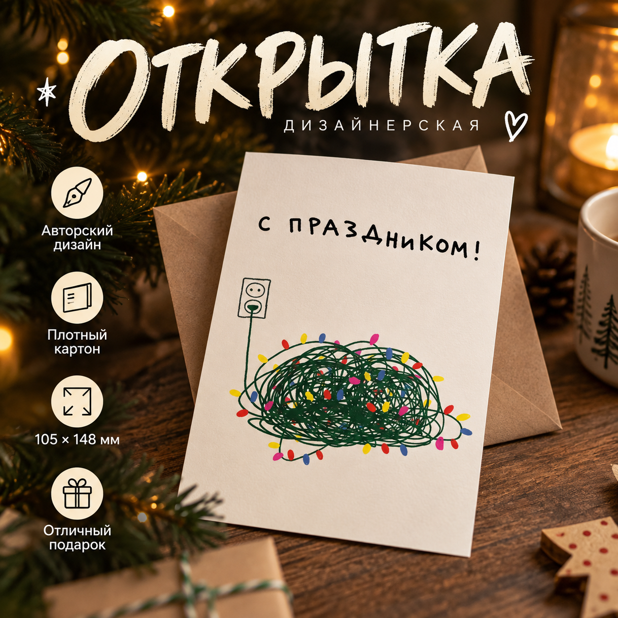 Открытка "С праздником", 148х105 мм, дизайнерская