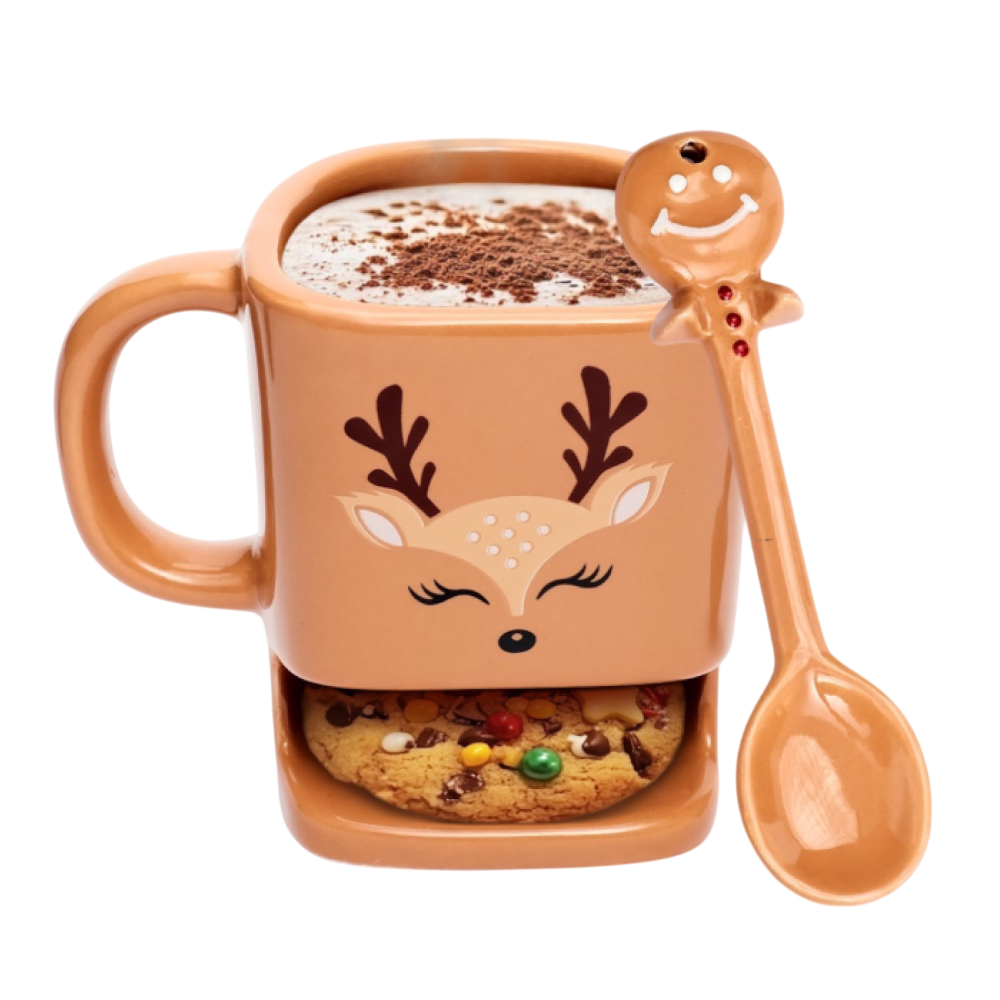 Кружка керамическая "Олененок", 200 мл, с ложкой и отсеком для печенья, коричневый