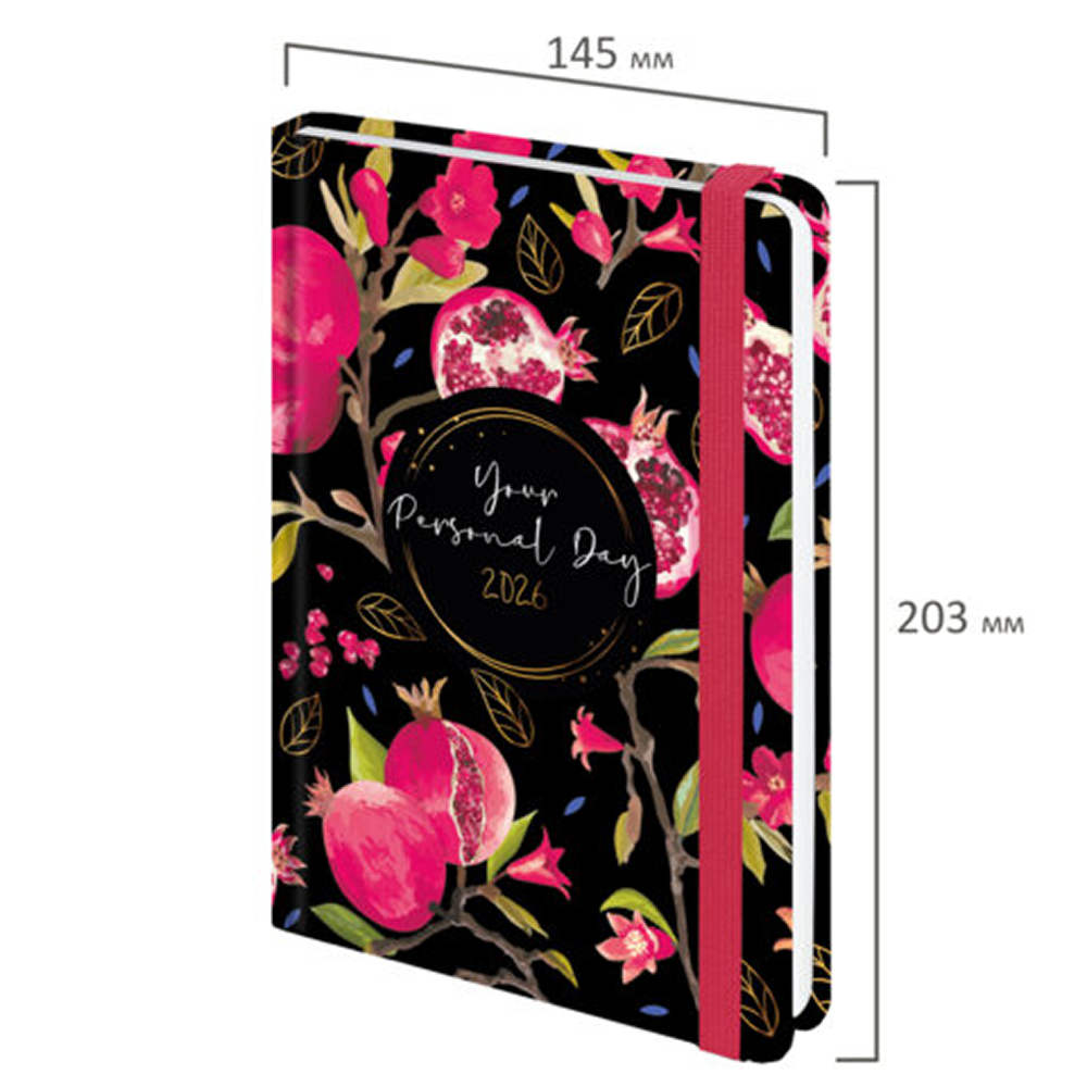 Ежедневник датированный "Гранаты" на 2026 год, А5, 320 страниц, на резинке, черный, розовый