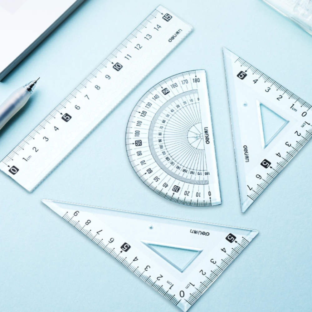 Набор чертежный "Deli VC23": линейка 15 см, треугольник 45 и 60 гр, транспортир 180 гр, прозрачный