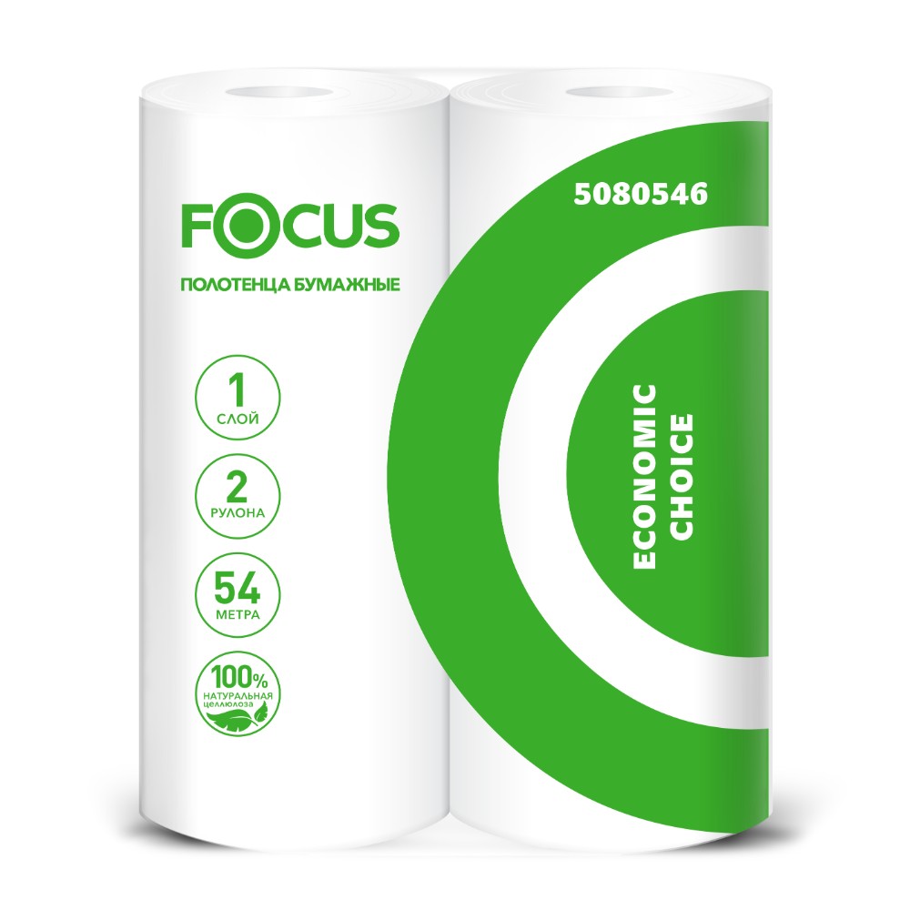 Полотенца бумажные Focus Eco, в рулонах, 54 м, 1 слой, 2 рулона, 100% целлюлоза