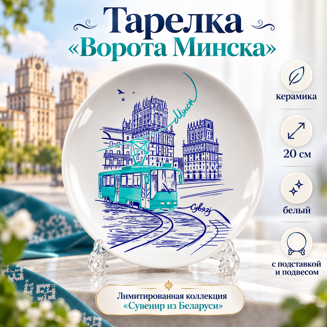 Тарелка "Ворота Минска" с подставкой и подвесом, керамика, 20 см, белый
