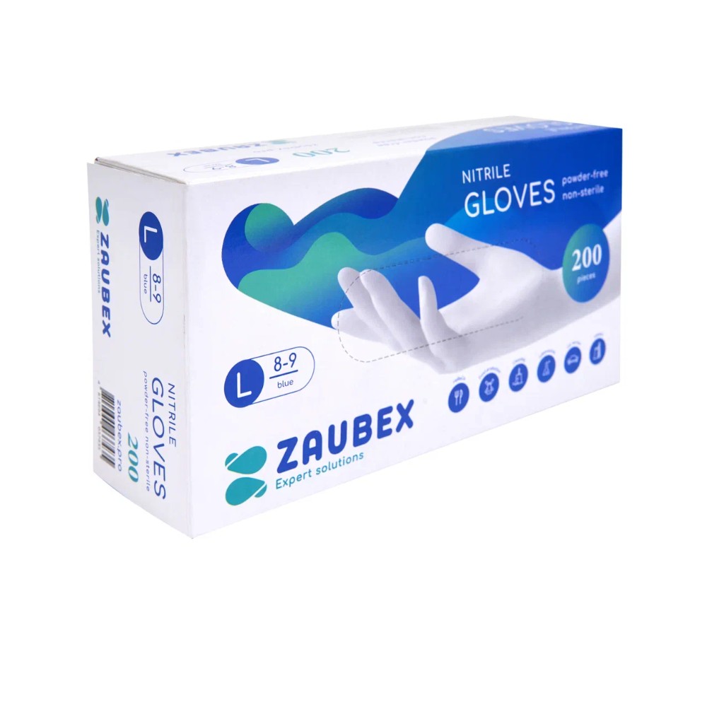 Перчатки нитриловые неопудренные Zaubex, одноразовые, р-р L, 200 шт/уп, голубой