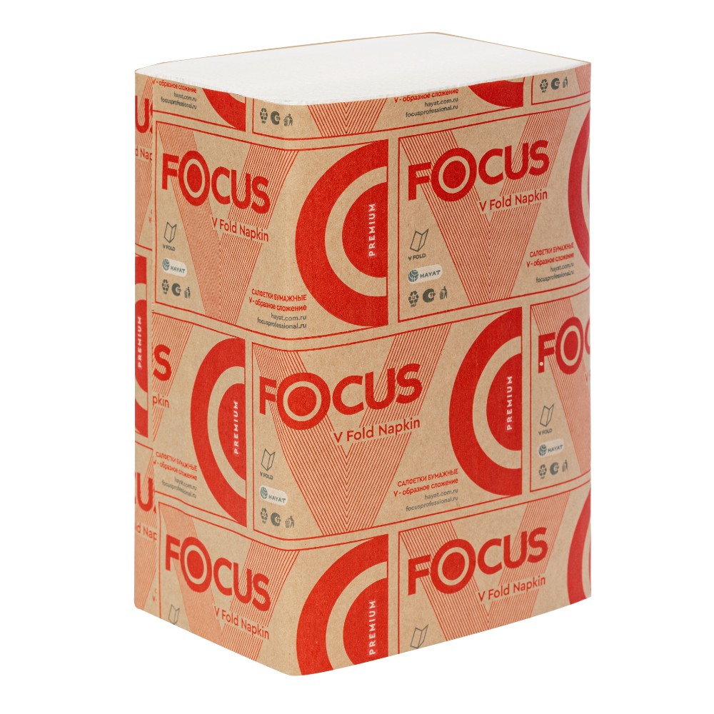 Салфетки бумажные Focus Premium, 23х16,8 см, 2 слоя, V – сложение, белый, 200 листов