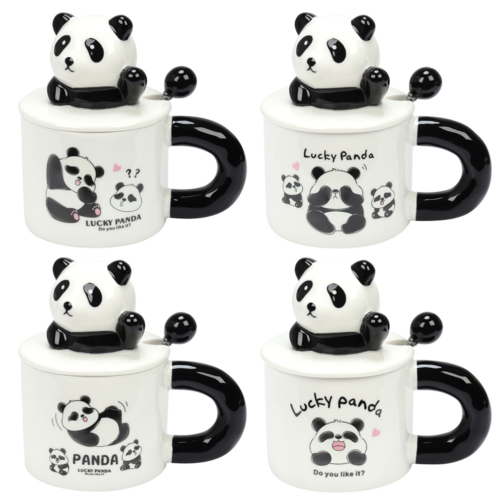 Кружка керамическая "Lucky panda", 370 мл, с крышкой и ложкой, ассорти