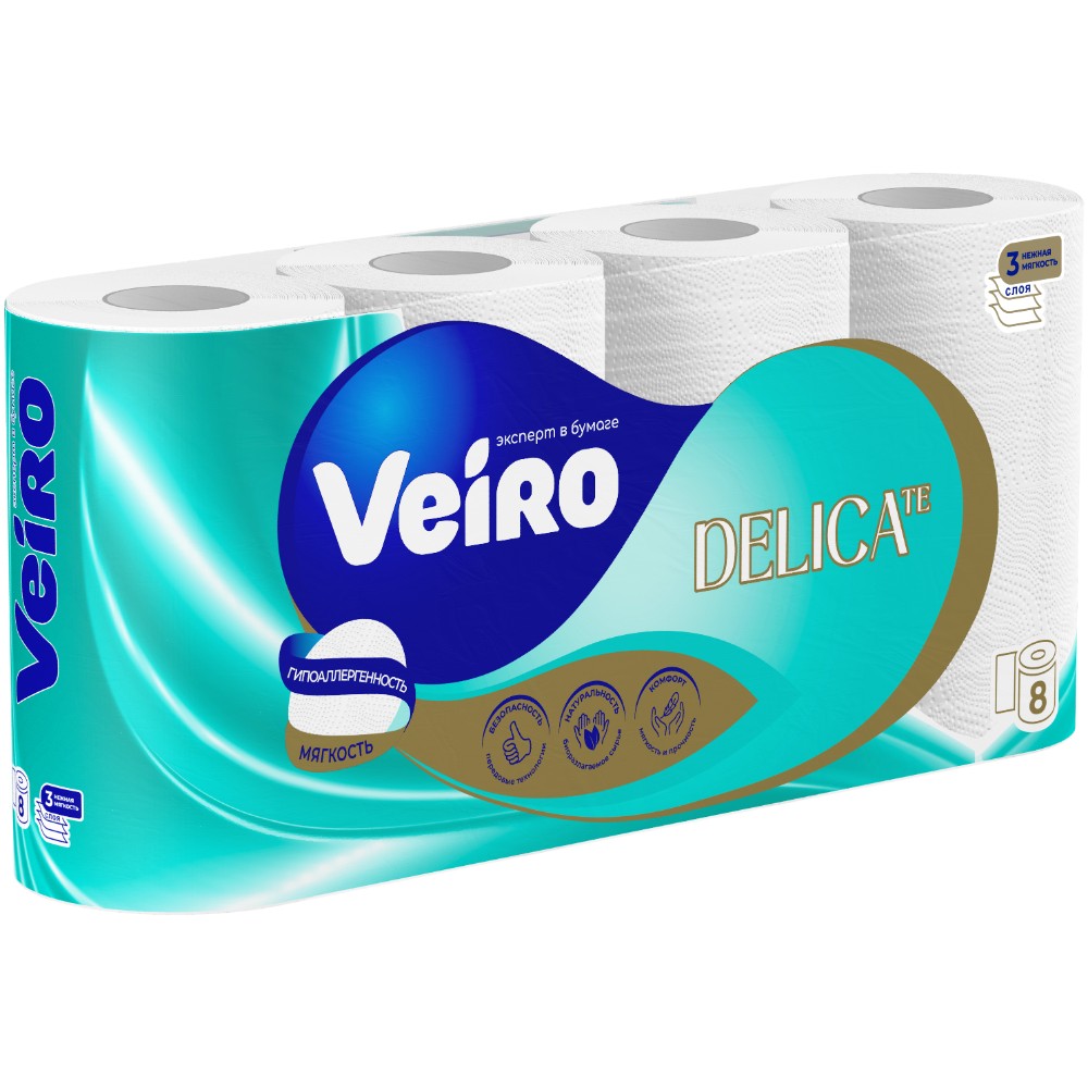 Бумага туалетная Veiro Delicate, 8 рулонов, 3 слоя, белый  - 3