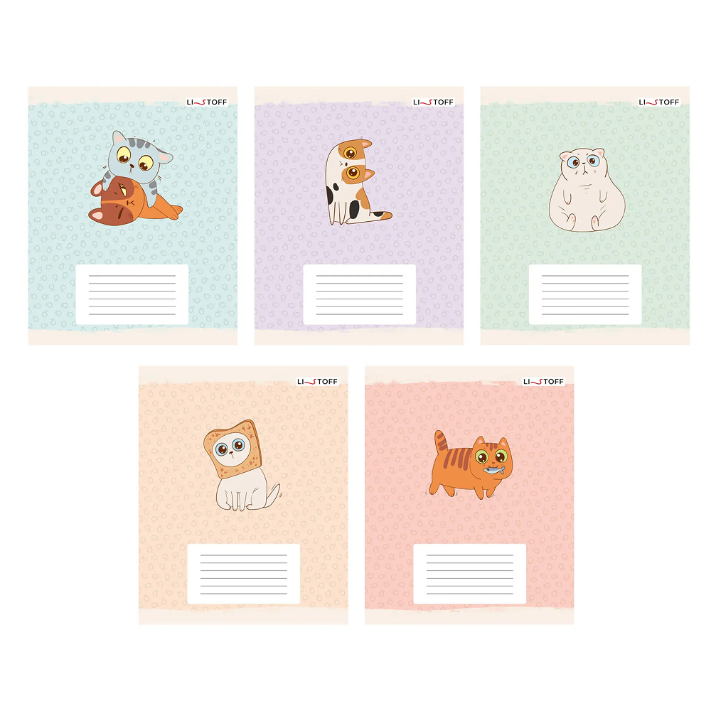 Тетрадь "Котики (Универсальная плашка)", А5, 12 листов, линейка, скоба сбоку, ассорти