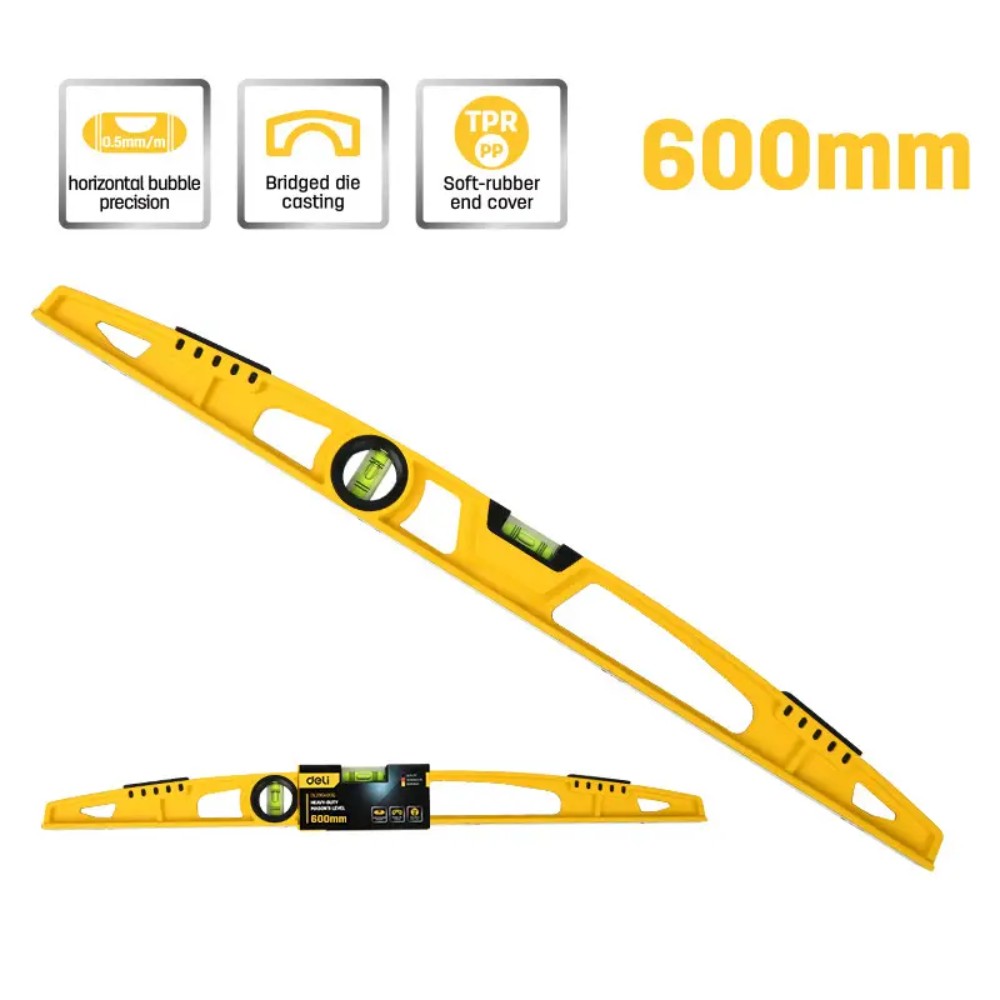 Уровень строительный литой Deli YS EDL290600Q, 600 мм, с двойным обзором