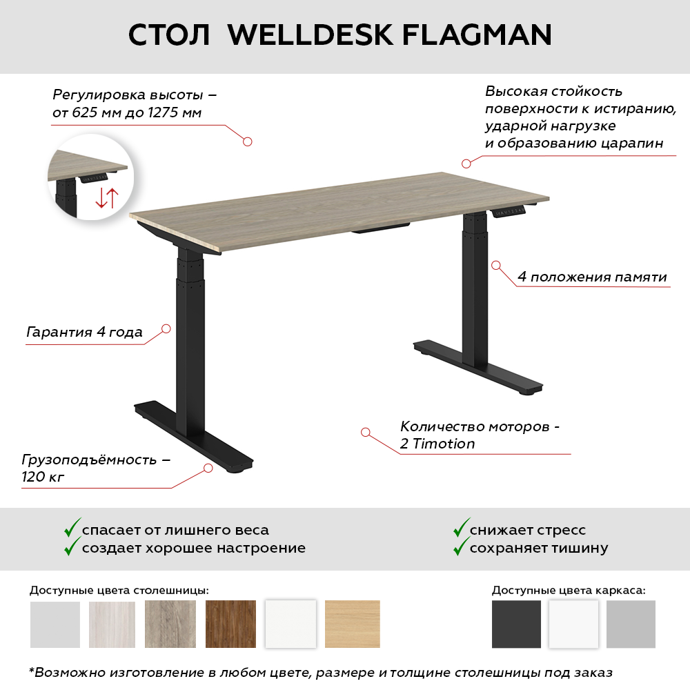 Стол подъемный WellDesk Flagman (регулируемый по высоте каркас арт. 9022026 и столешница арт. 9045845)