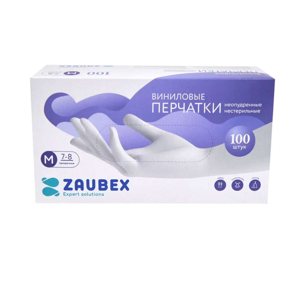 Перчатки виниловые Zaubex, одноразовые, р-р M, 100 шт/уп, прозрачный, -30%
