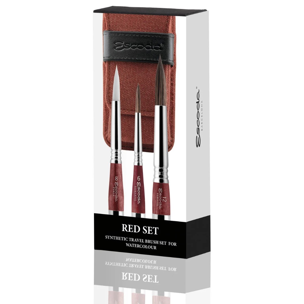 Набор кистей "Escoda", синтетика, круглая, складная № 6, 8, 12, красный футляр