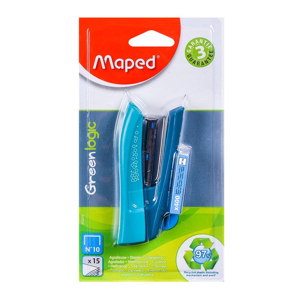 Скобосшиватель Maped "Greenlogic", №10, 15 листов, ассорти