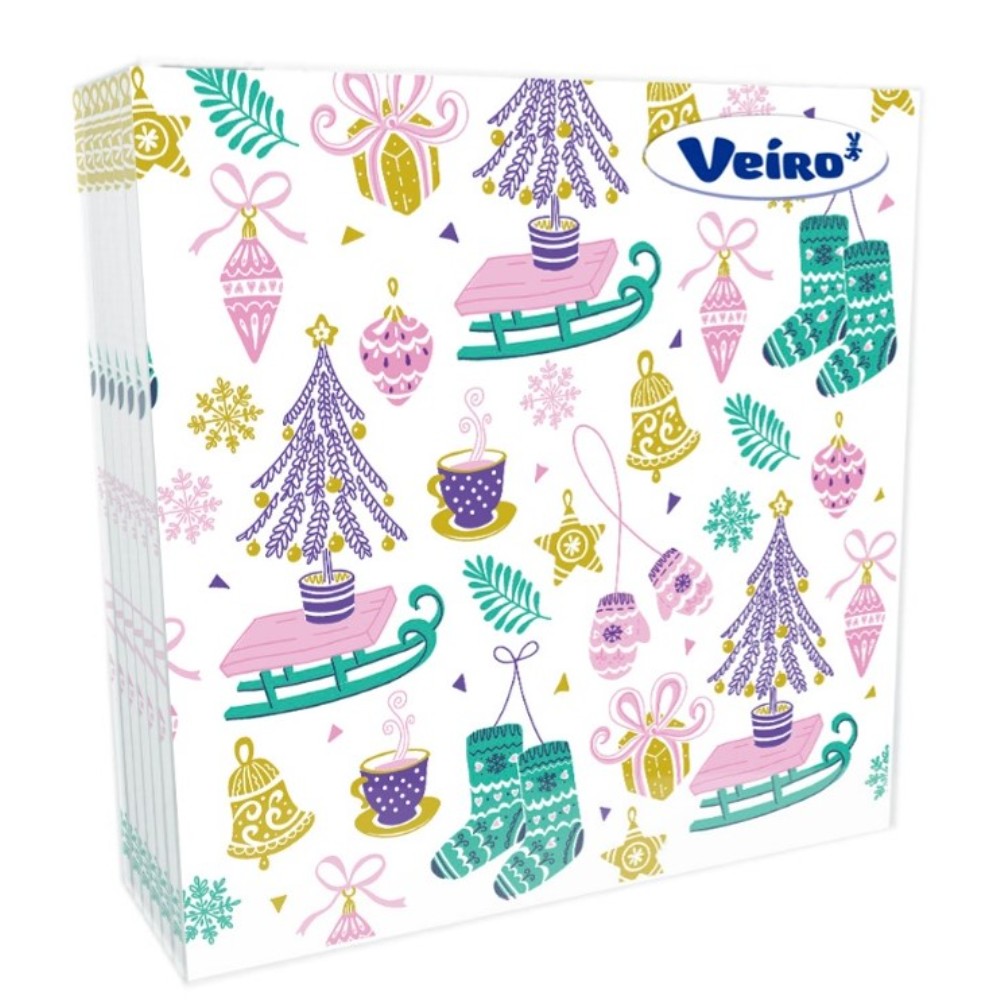 Салфетки бумажные Veiro, 33х33 см, с рисунком Елки и санки, 20 шт