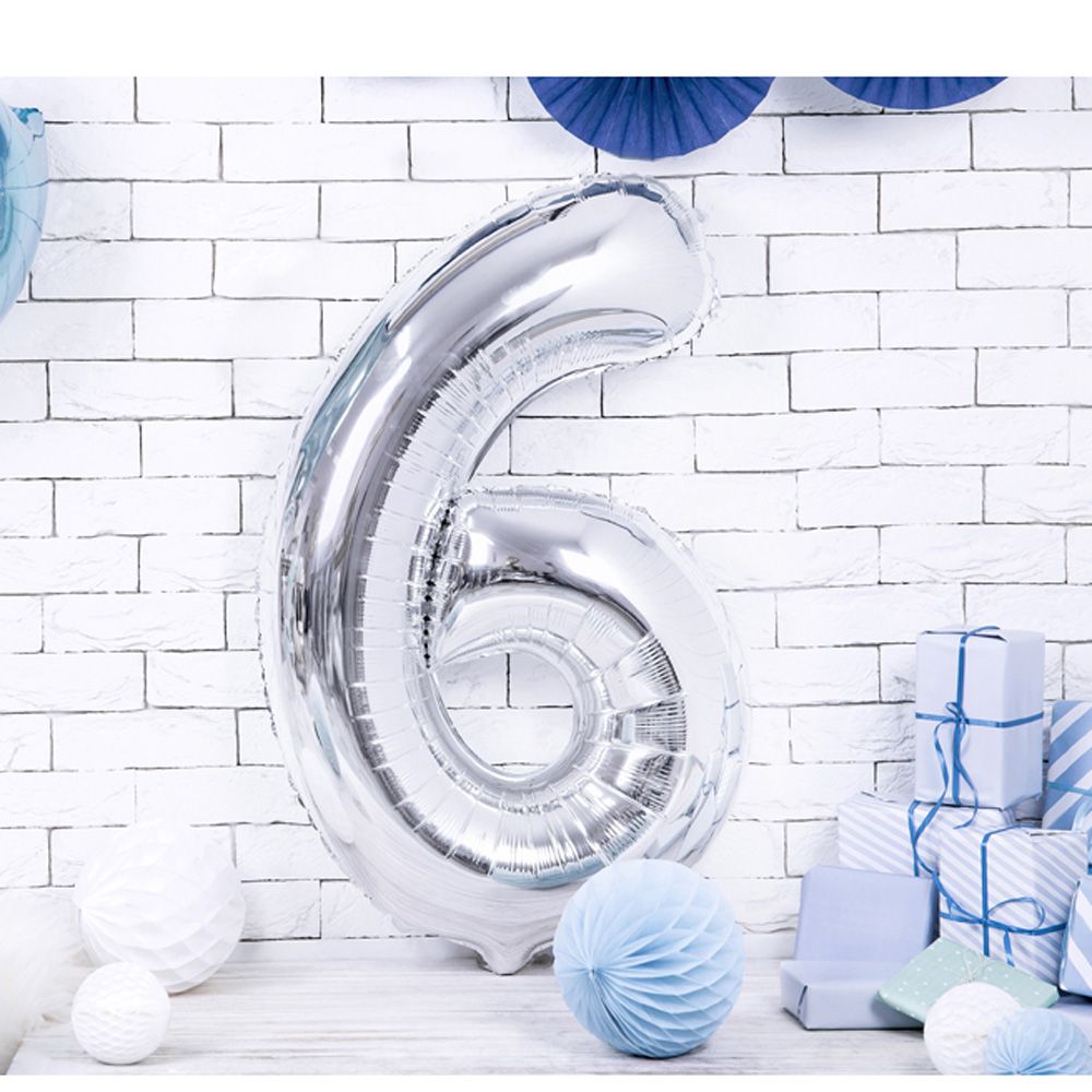 Шар фольгированный цифра "6", серебристый