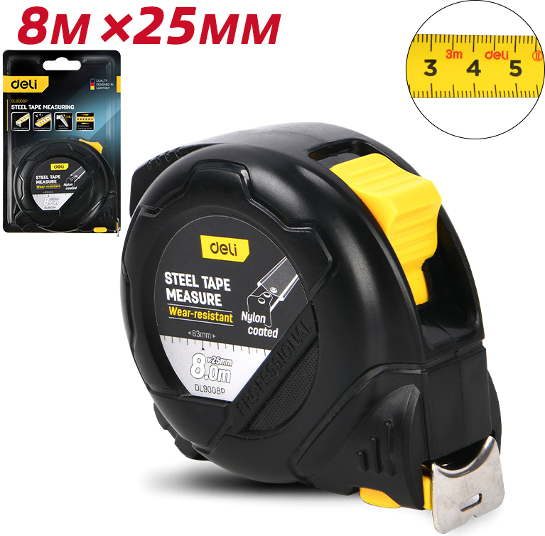 Рулетка "Deli 9008P" 8 м, черный, желтый