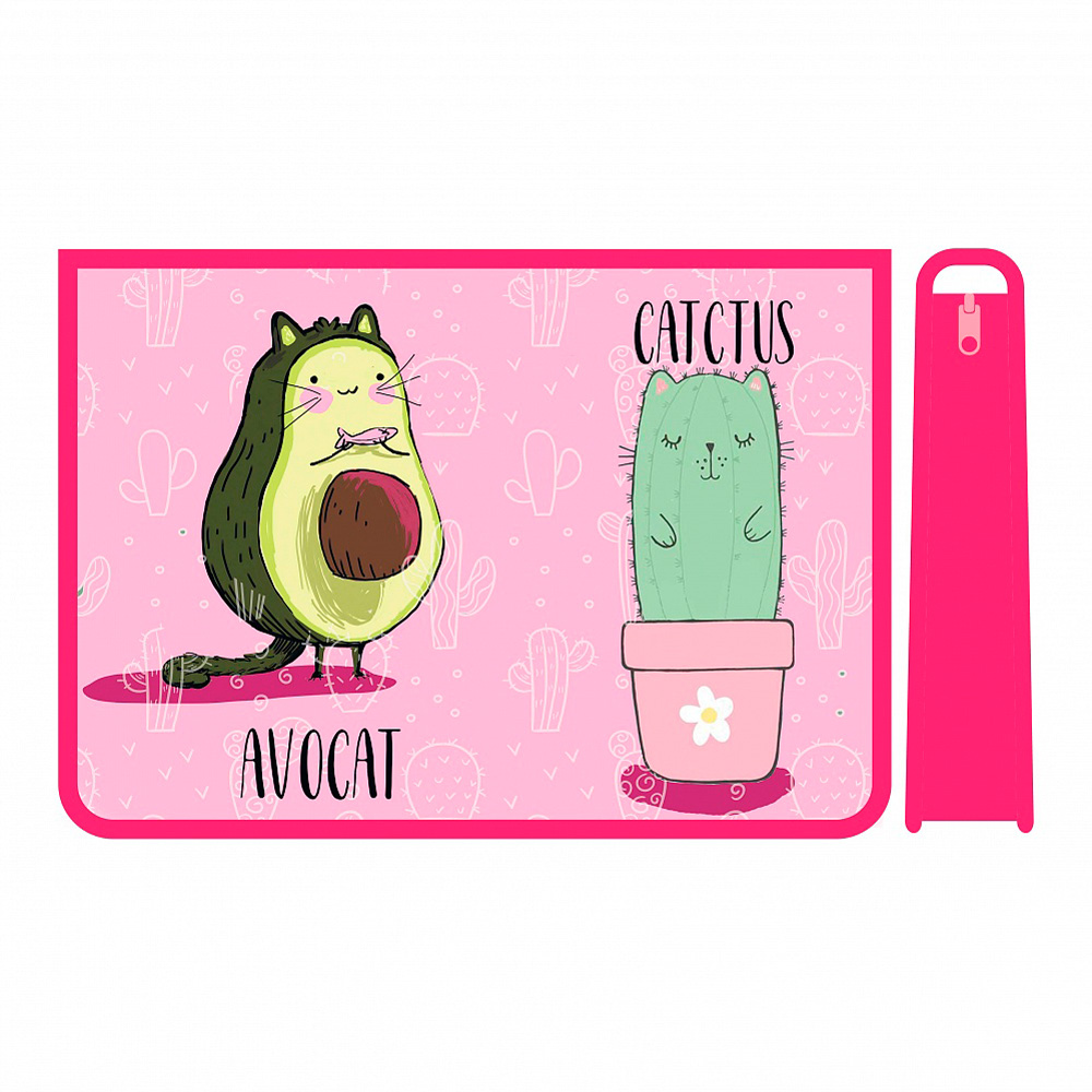 Папка для труда "Кот-авокадо", А4, на молнии, пластик, розовый