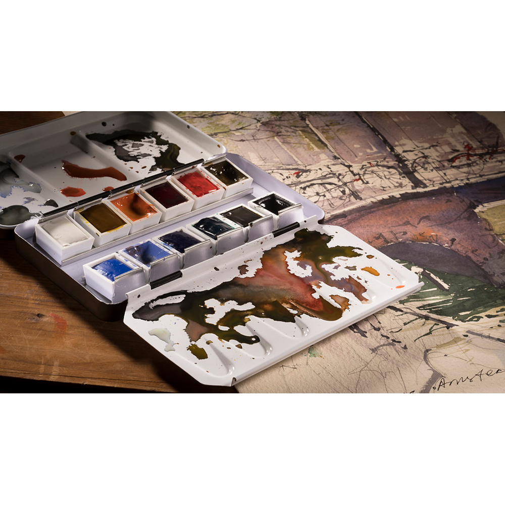 Набор красок акварельных пейзажных "Rembrandt", 12 цветов, кюветы - 4