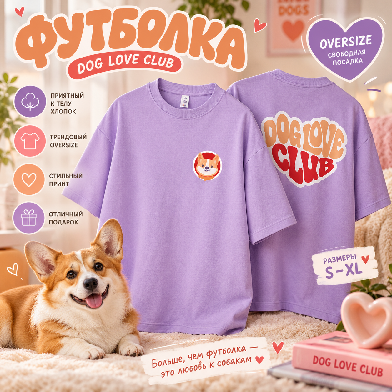 Футболка унисекс "Корги. Dog love club", XS-S, хлопок, оверсайз, лавандовый