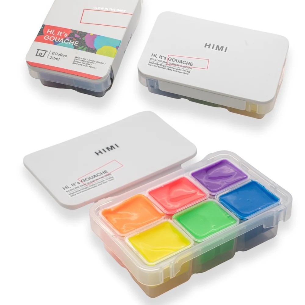 Краски гуашевые "Himi Jelly Cup.Glow in the dark. Bright color", набор 6 цветов, 23 мл., кювета, пластиковый футляр