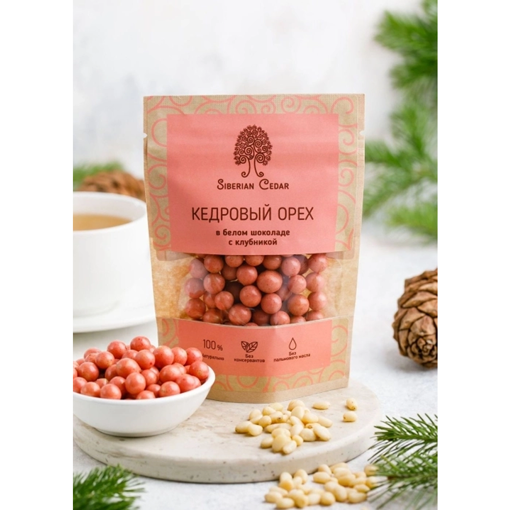 Конфеты "Сибирский кедр", ядро кедрового ореха в белом шоколаде с клубникой, 60 гр.