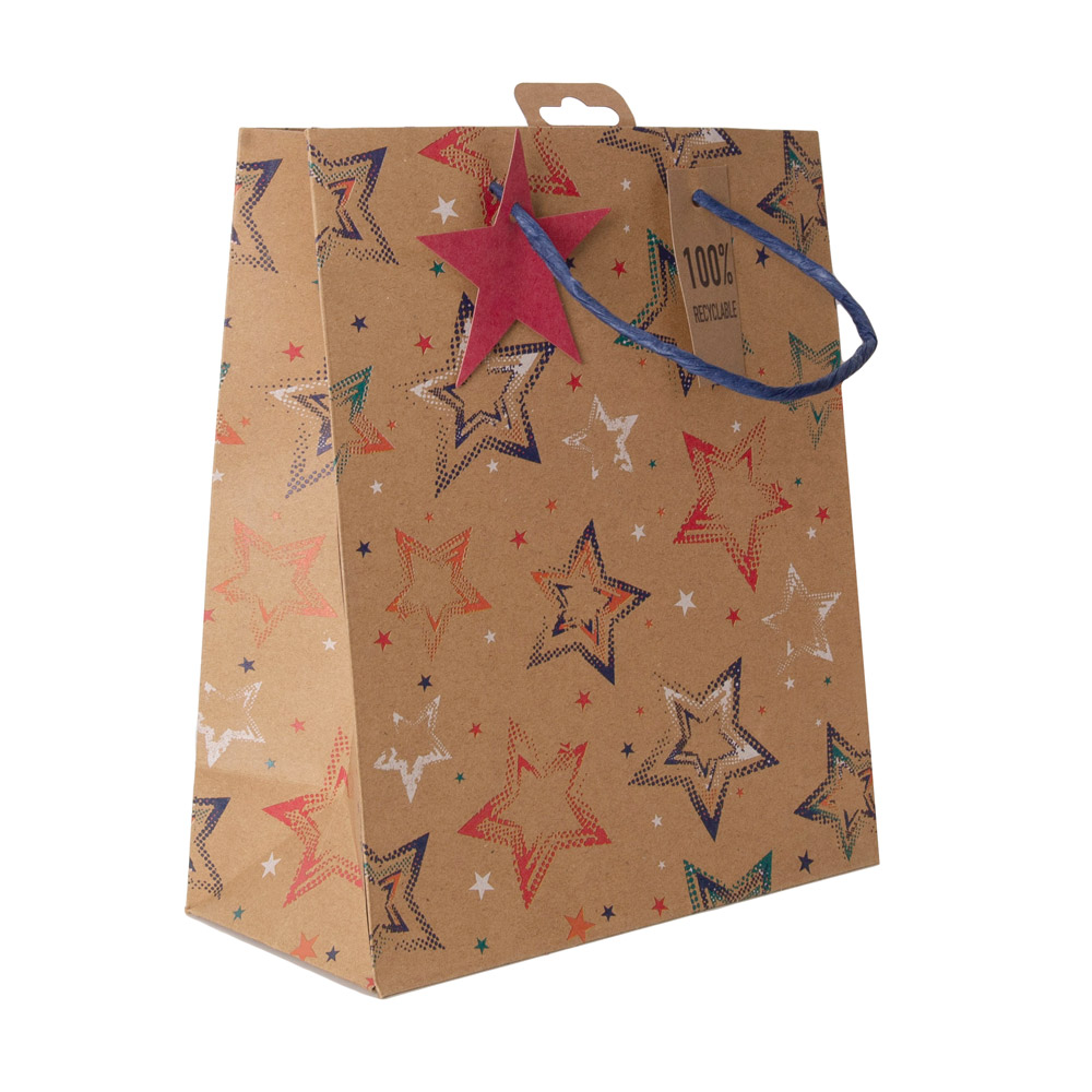 Пакет бумажный подарочный "Stars kraft", 21.5x10.2x25.3 см, разноцветный