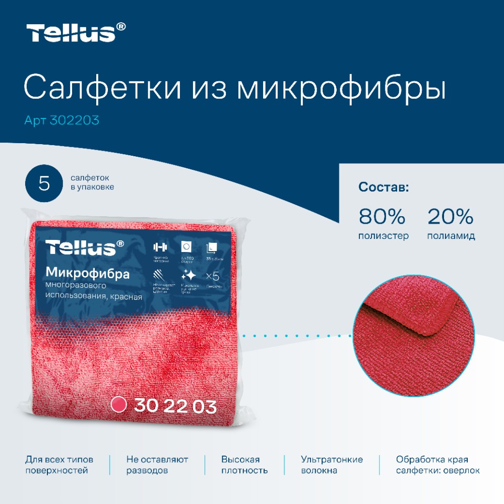 Салфетка из микроволокна Tellus, 220 гр/м2, 35х35см, 5шт/упак, красный - 3