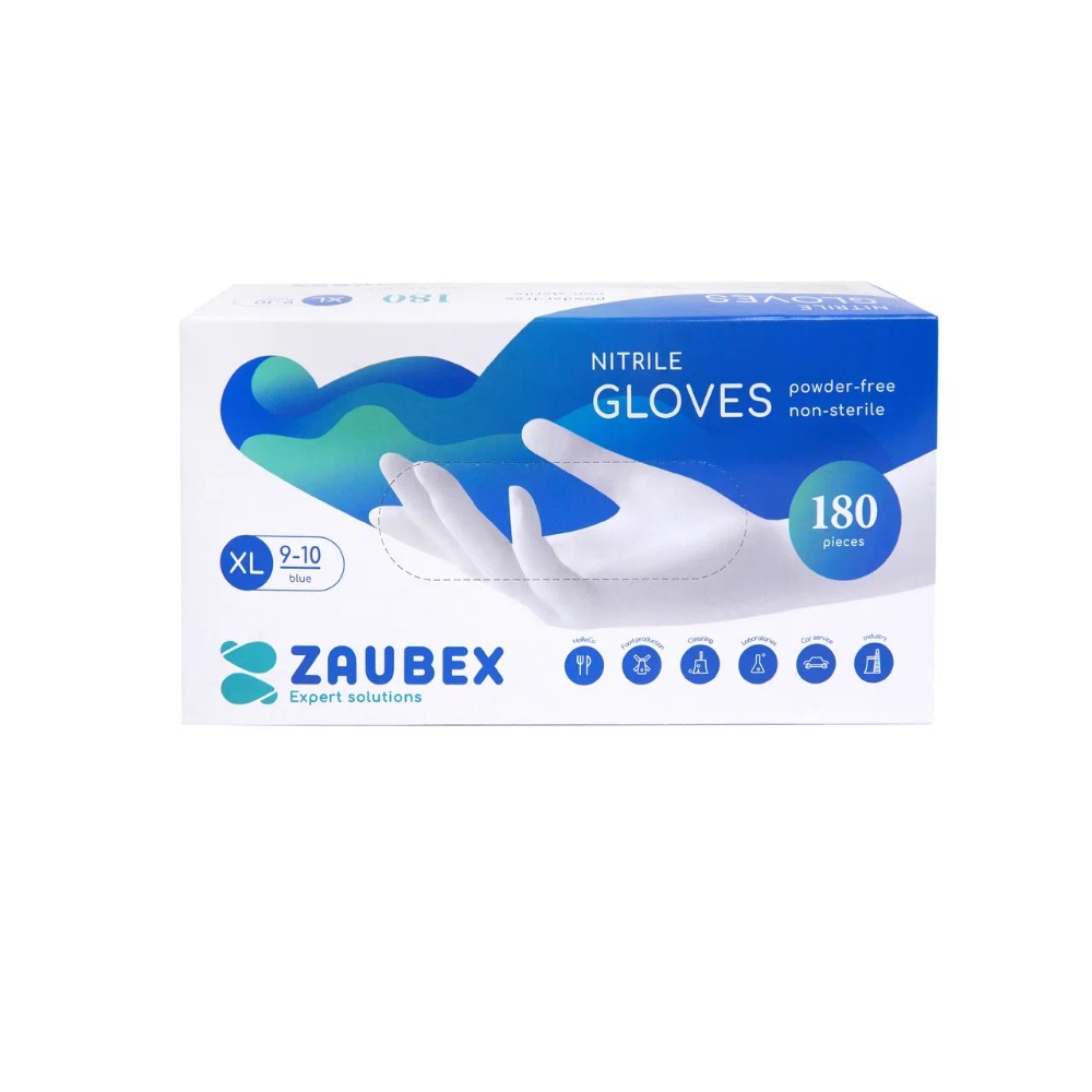 Перчатки нитриловые неопудренные Zaubex, одноразовые, р-р XL, 180 шт/уп, голубой