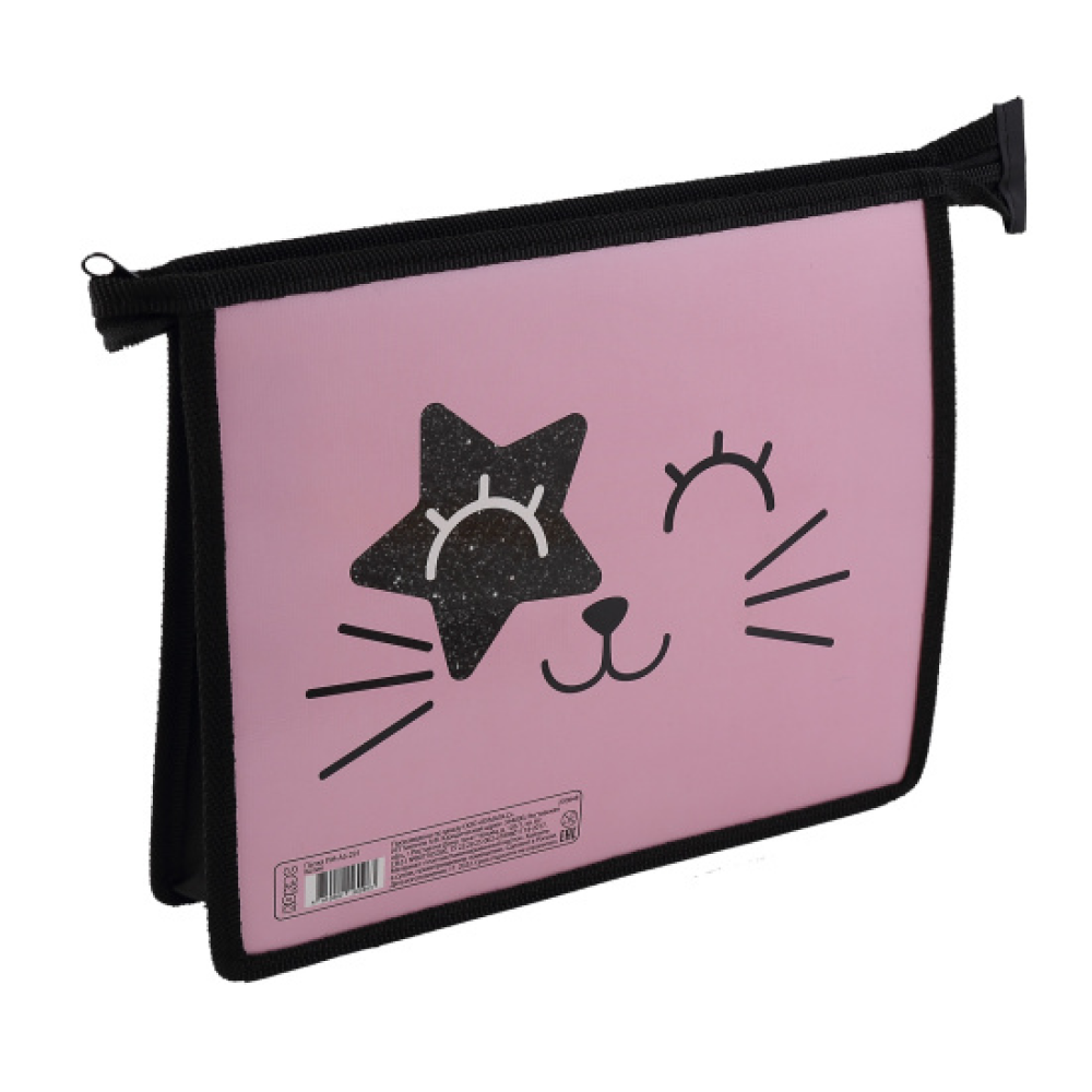 Папка для тетрадей "Котик", А5, на молнии, пласт./картон, черный/розовый