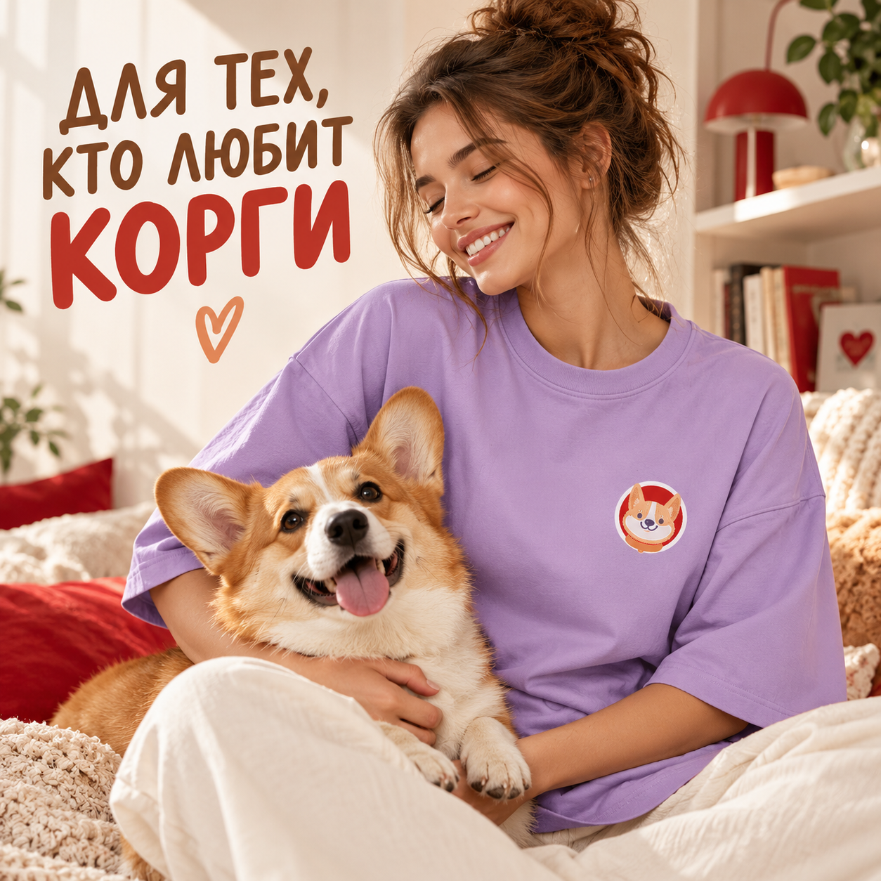 Футболка унисекс "Корги. Dog love club", XS-S, хлопок, оверсайз, лавандовый