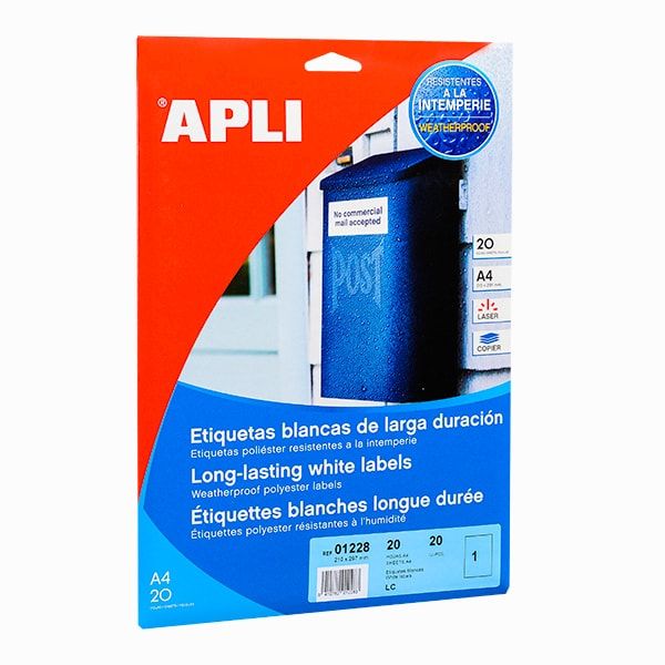 Влагоустойчивые белые этикетки из полиэстера "Apli", 64.6x33.8 мм, 20 листов, 24 шт, белый