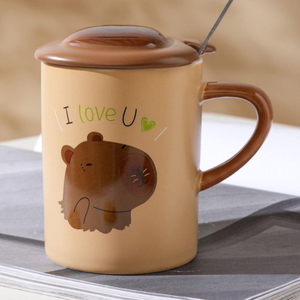 Кружка "Capybara I love u" с крышкой, керамика, 400 мл, коричневый