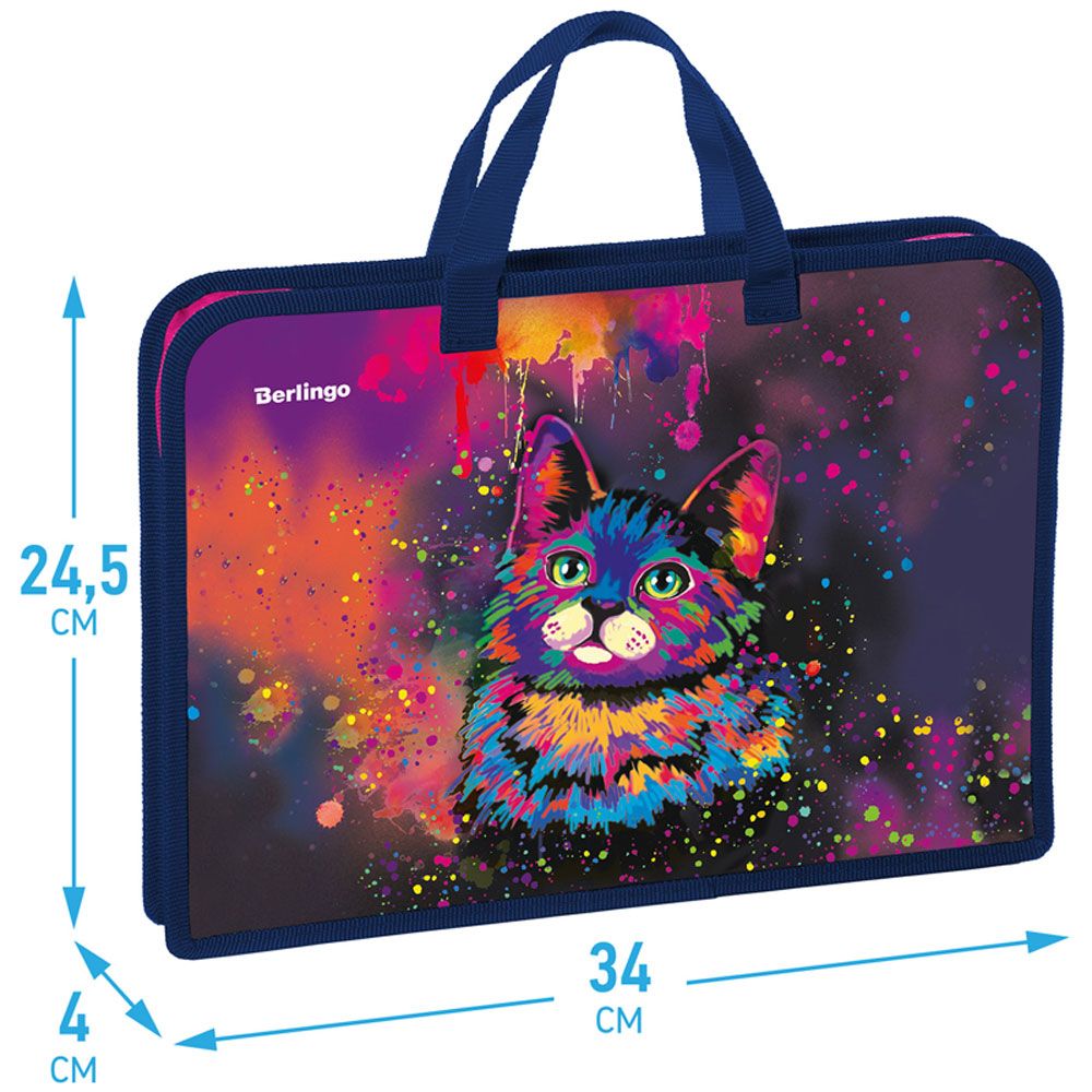 Папка для тетрадей с ручками "Neon cat", А4, молния, пластик, разноцветный - 3