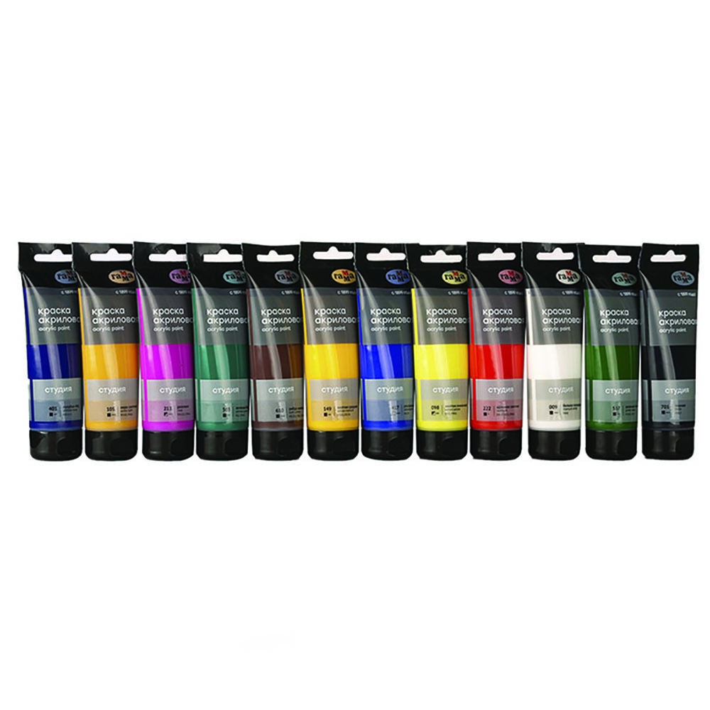Краски акриловые "Студия", 12 цветов, 75 мл, туба