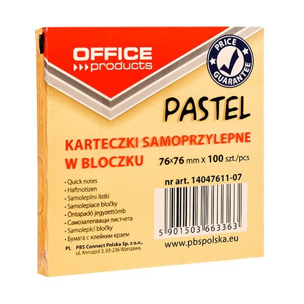 Бумага для заметок "Office Products", 76x76 мм, 100 листов, оранжевая пастель