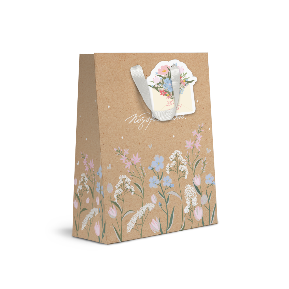 Пакет бумажный подарочный "Spring Flowers", 26.5х32х12.5 см, крафт, ассорти