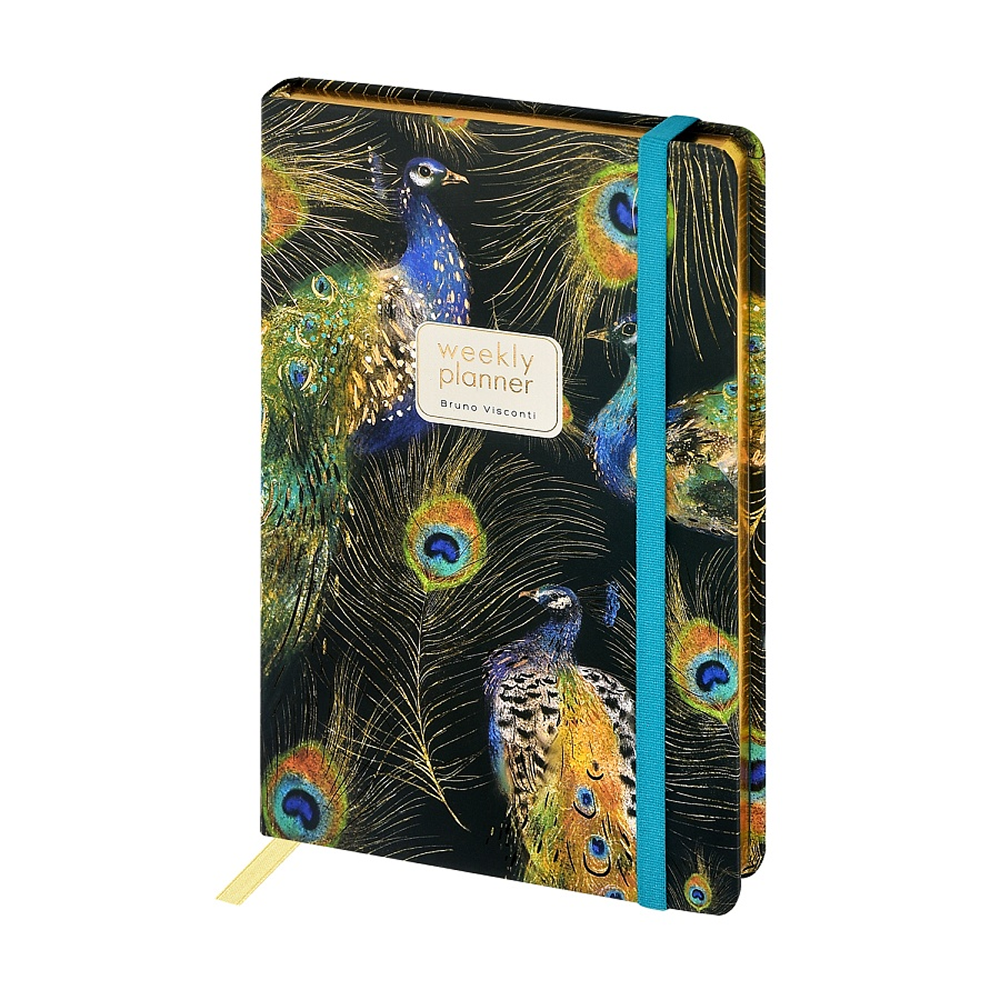Еженедельник недатированный "Fauna. Павлины", А5, 144 страниц, линованный, черный, зеленый
