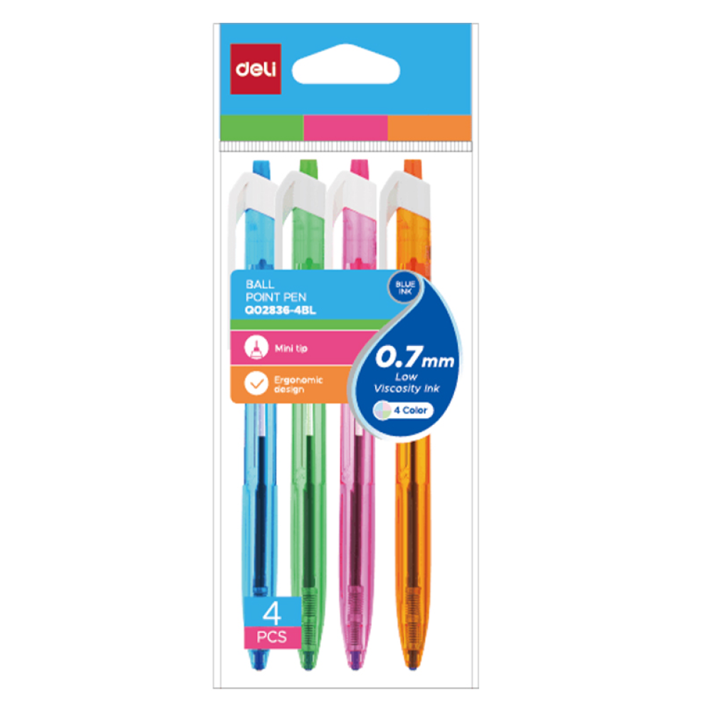 Набор ручек шариковых "Deli EQ02836-4BL", 0.7 мм, прозрачный, стерж. синий, 4 шт