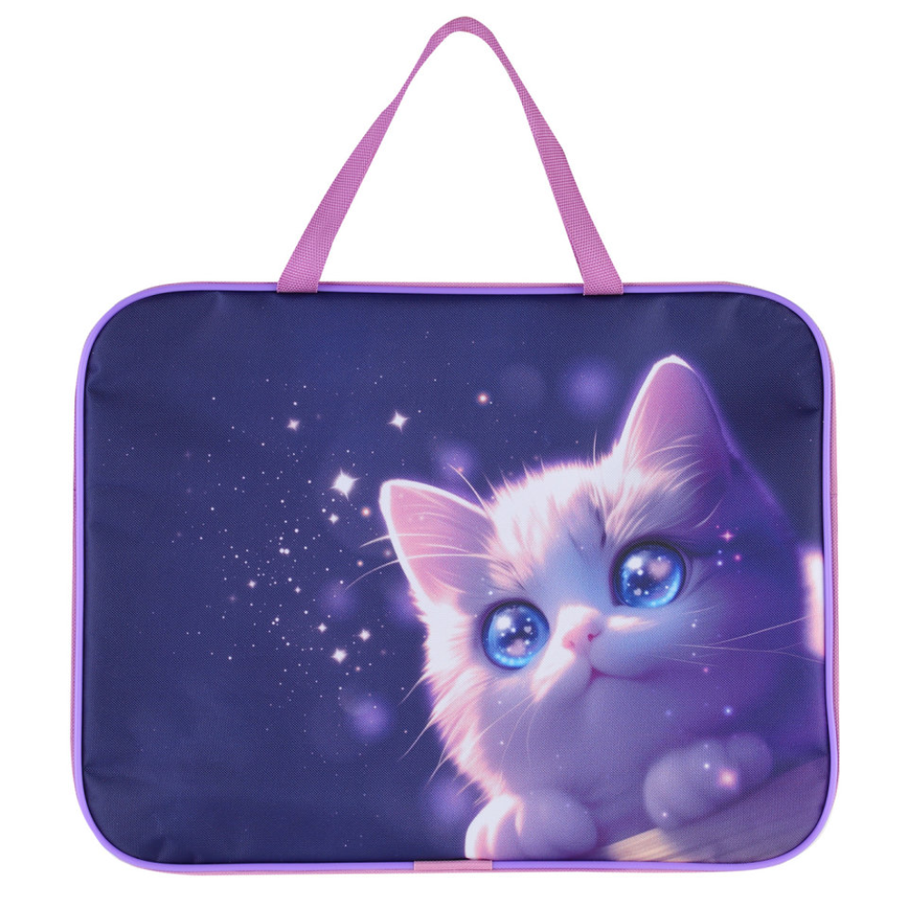 Папка для тетрадей "Love cat", А4, с ручками, молния, розовый, фиолетовый