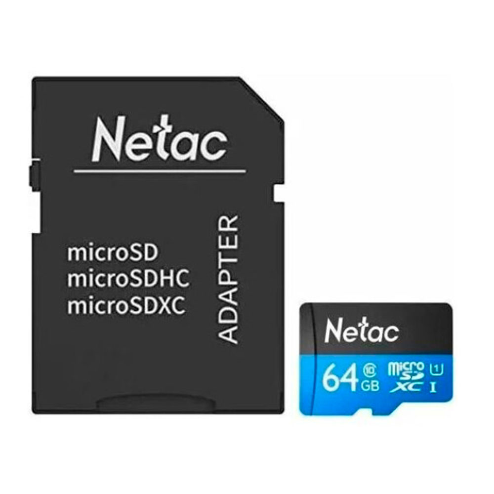 Карта памяти MicroSDXC "Netac P500 Standard", 64GB, U1/C10, с адаптером