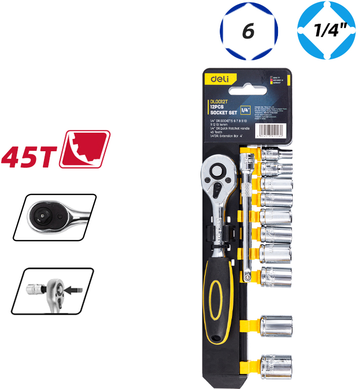 Набор торцевых ключей "Deli" EDL0012T,12 предметов, 5-14 мм, желтый, серебристый