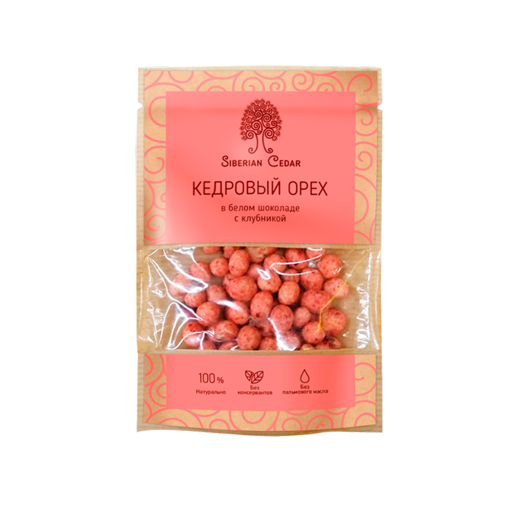 Конфеты "Сибирский кедр", ядро кедрового ореха в белом шоколаде с клубникой, 60 гр.