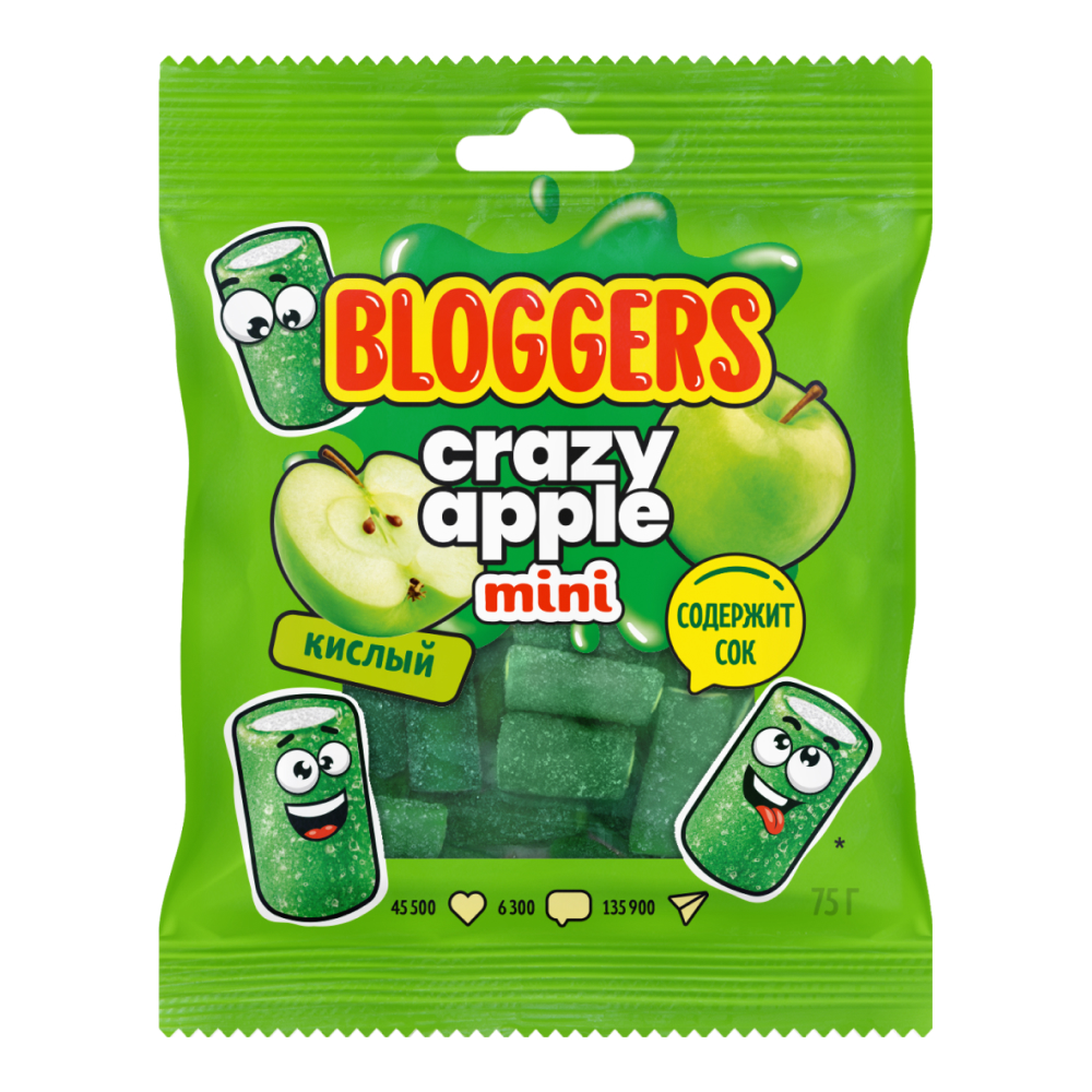 Мармелад Bloggers "Крейзи Эйпл", 75 гр, со вкусом яблока с желейной начинкой в кисло-сладкой обсыпке