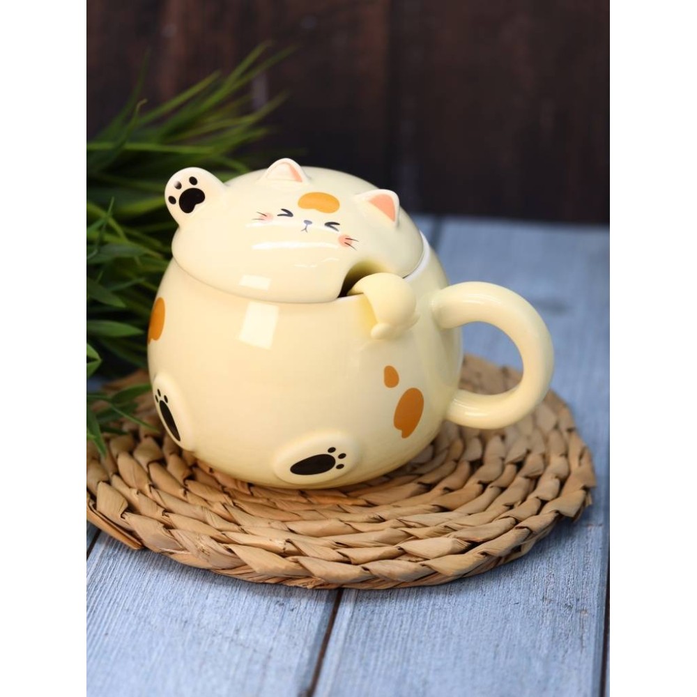 Кружка с крышкой "Chubby cat", 460 мл., керамика, с ложкой, желтый