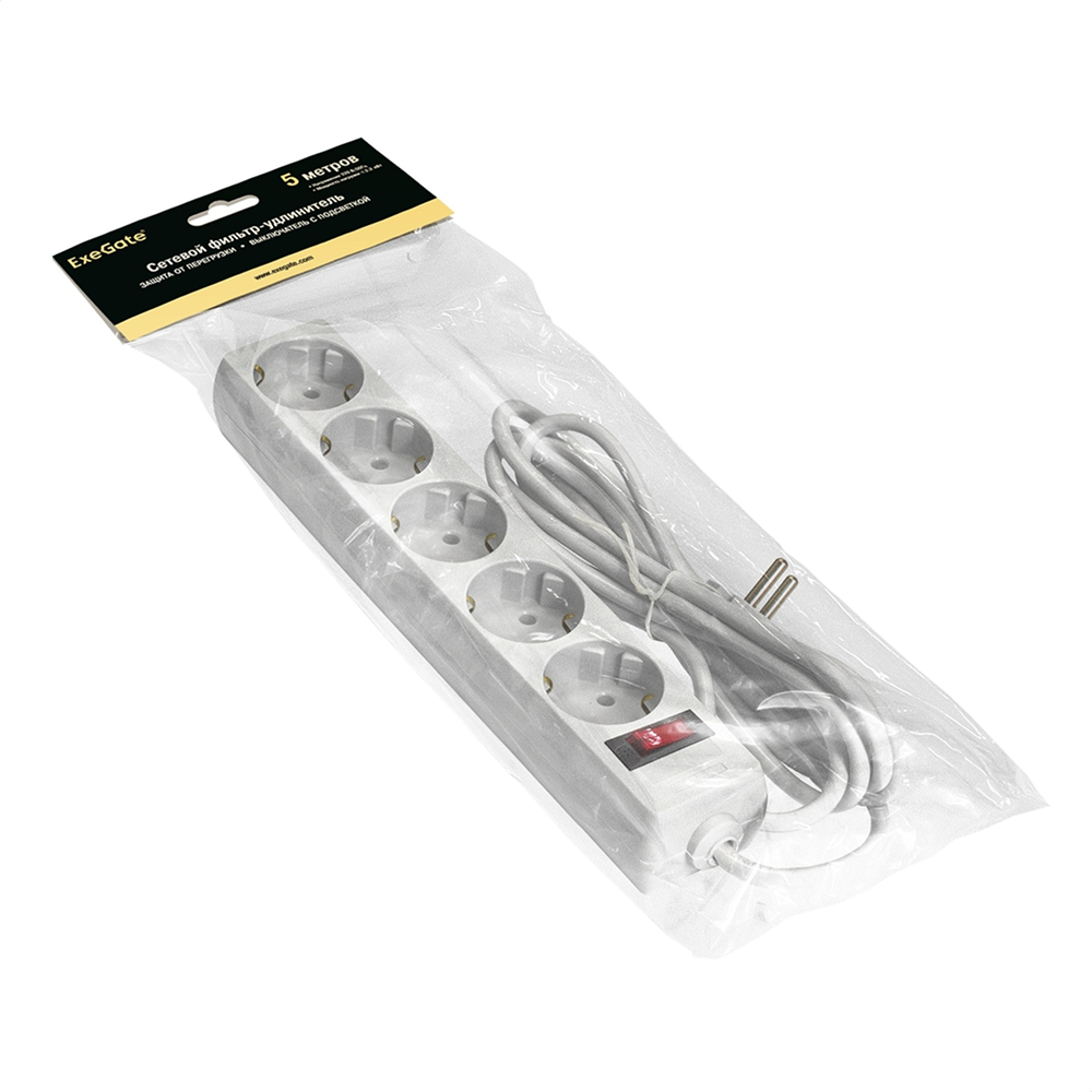 Сетевой фильтр ExeGate SP-5-5W, EX221190RUS, 5 розеток, 5 м, белый