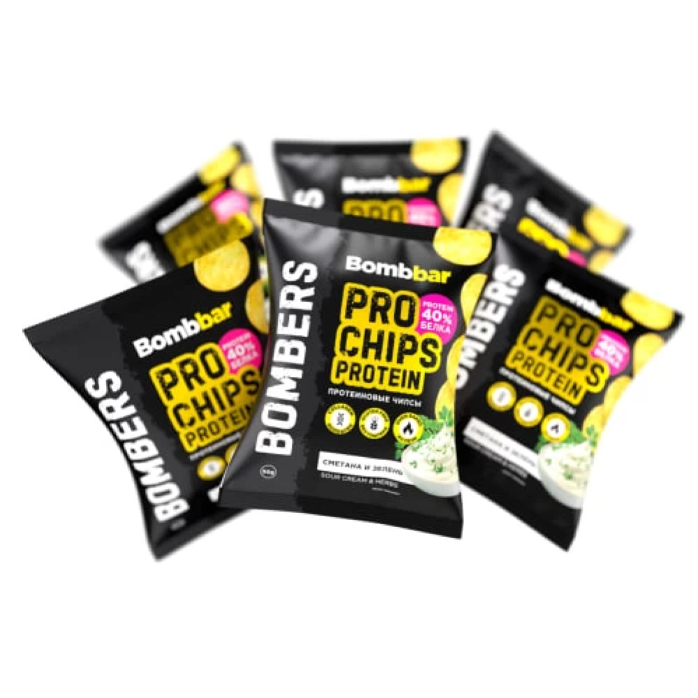 Чипсы "BOMBBAR" цельнозерновые, протеиновые со вкусом сметаны и зелени, 50 г