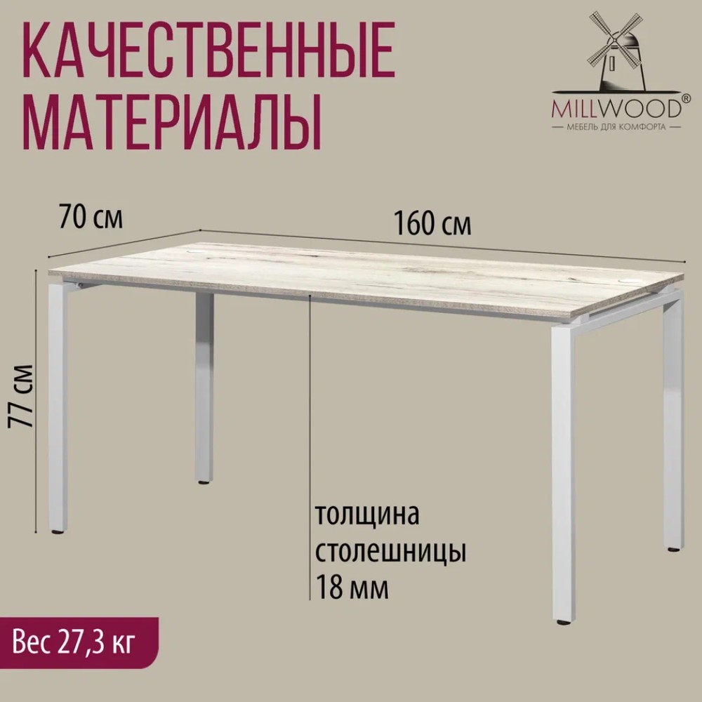 Стол письменный Millwood Лофт Сиэтл (ДТ-5), 1600х700 мм, дуб белый крафт, белый - 5