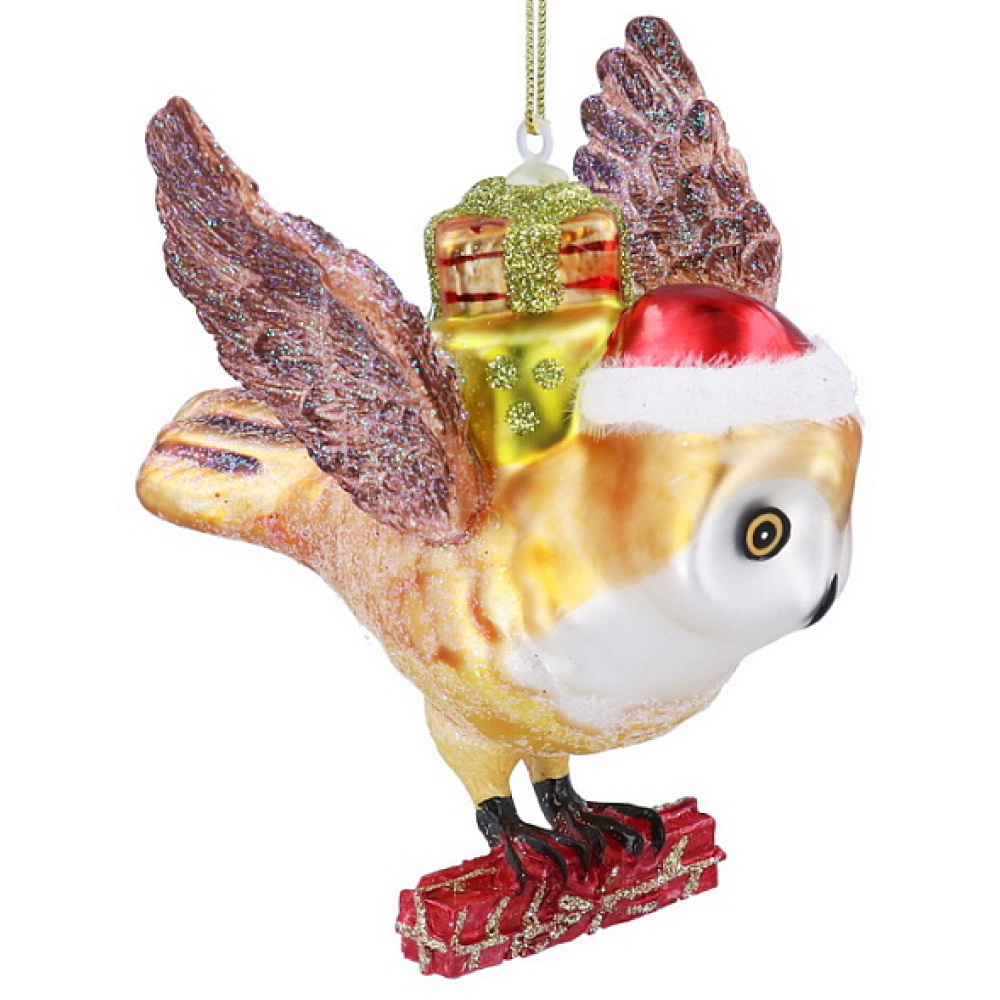 Украшение елочное "Сова с подарками", 10 см, стекло, разноцветный