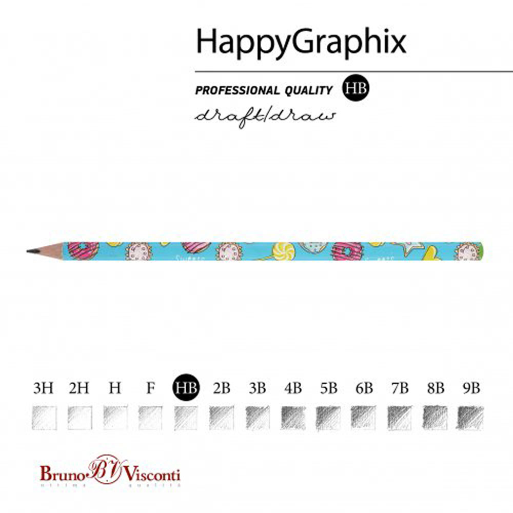 Карандаш чернографитный "HappyGraphix. Пончики", HВ, без ластика, голубой