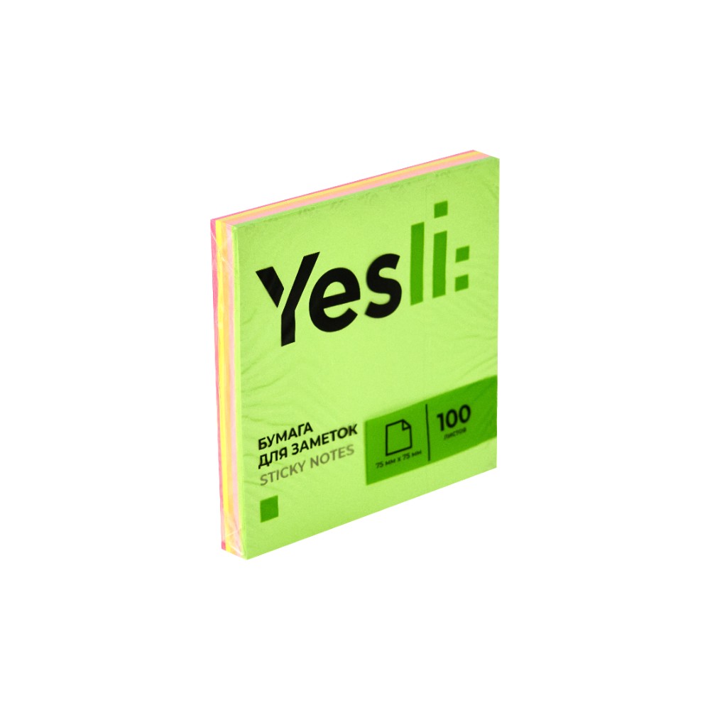 Бумага для заметок на клейкой основе "Yesli:", 75x75 мм, 100 листов,, ассорти неон